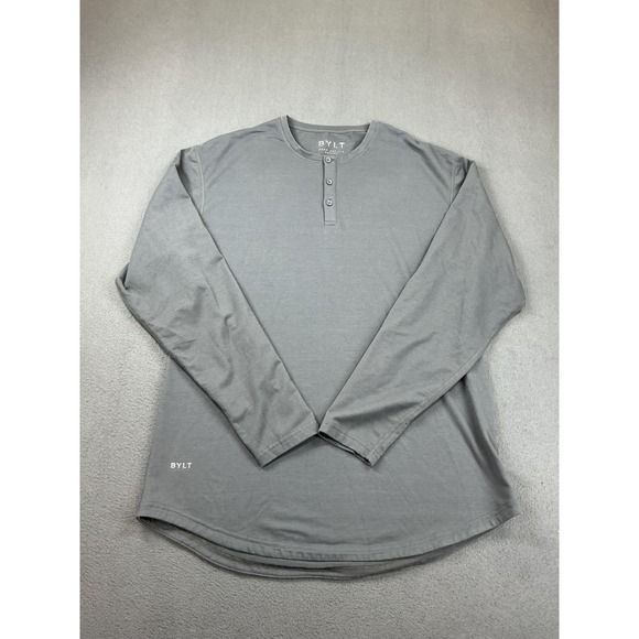 BYLT Basics Other - BYLT Drop Cut Henley Shirt Mens Large Gray Long Sleeve Stretch Casual Drop Hem